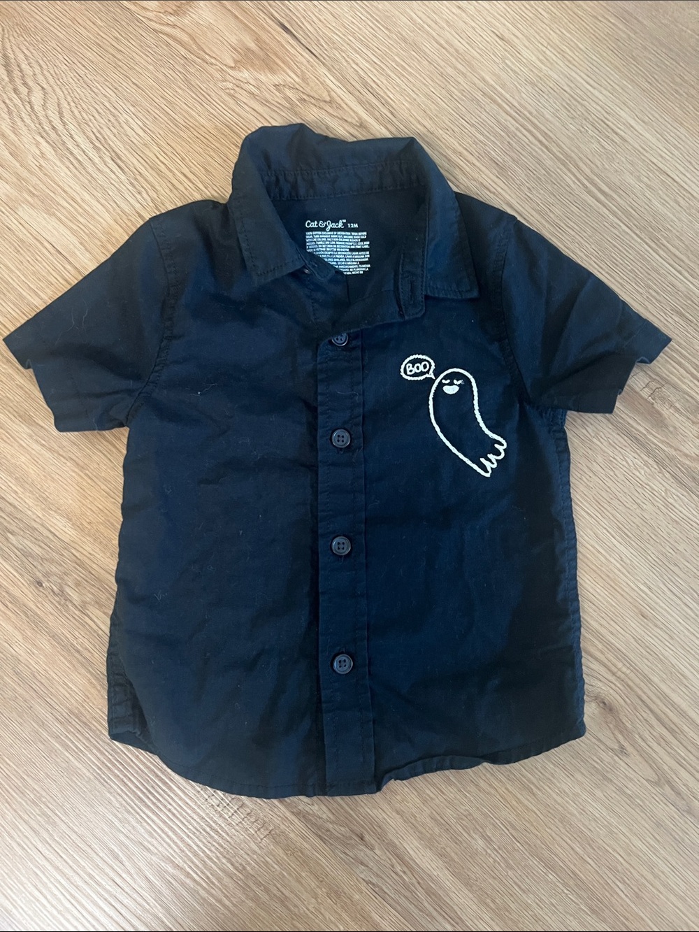 Cat & Jack Black Short-Sleeve Button-Down Shirt with White Ghost Embroidery